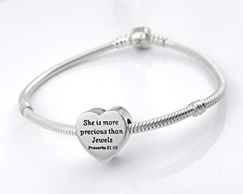 Heart Charm Fit Pandora Charms Bracelet Christian Bible Verse Charm Prayer Faith Religious Charms Gifts for Women - style: She is more precious than Jewels Proverbs 31:10