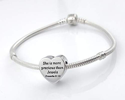 Heart Charm Fit Pandora Charms Bracelet Christian Bible Verse Charm Prayer Faith Religious Charms Gifts for Women - style: She is more precious than Jewels Proverbs 31:10