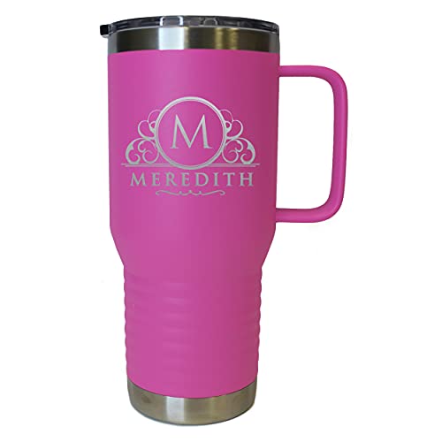 The Wedding Party Store Personalized 20 oz Stainless Steel Powder Coated Vacuum Insulated Double Walled Travel Tumbler Coffee Mug with Handle and Lid (Hot Pink) - color: Hot Pink