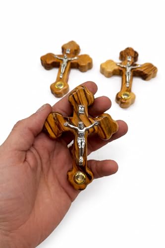 Zuluf Small Olive Wood Crucifix Wall Cross Set of 3 with Holy Land Stone, Handmade Christian Crucifix Cross Wall Decor - 4 Inch Each Jerusalem Catholic Christian Gift for Prayer Home Church