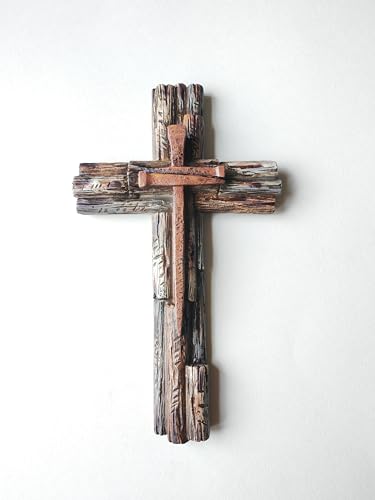Eagrafts Rustic Decorative Layered Wood Like Resin Wall Cross With Faux Iron Nails, Home Wall Decor