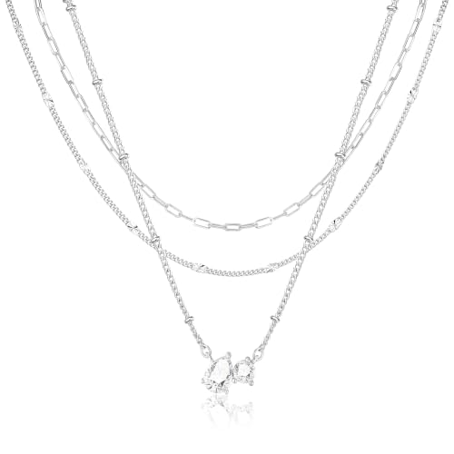 3PCS Gold Silver Layered Necklaces for Women Trendy - color: Silver&WR