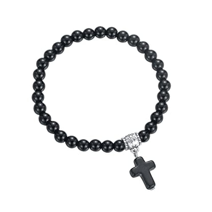 Softones 6mm Bead Cross Pendant Bracelet for Women Healing Stone Stretch Prayer Bracelet for Women,with Gift Box - color: Bright Black Matte