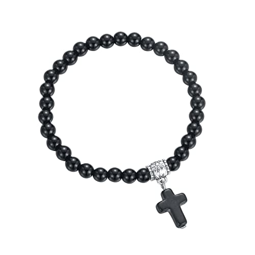 Softones 6mm Bead Cross Pendant Bracelet for Women Healing Stone Stretch Prayer Bracelet for Women,with Gift Box - color: Bright Black Matte