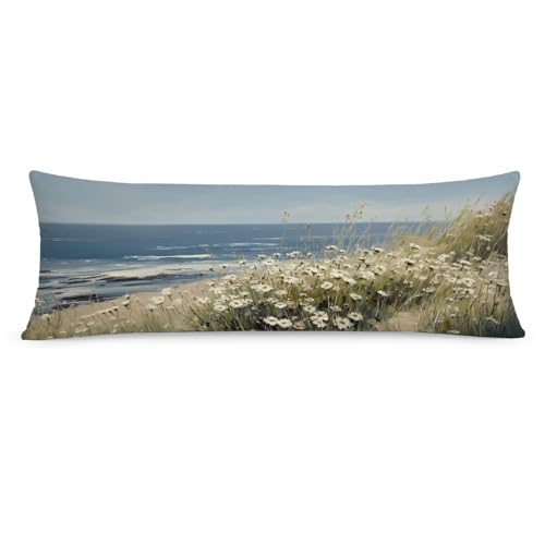 Floral Coastal Beach 20x54 Body Pillow Cover, Cottagecore Home Decor, Nautical Seaside Daisy Ocean Wildflower Decorative Long Body Pillow Cases for Beach House Cabin Bed Couch - color: Nature-11