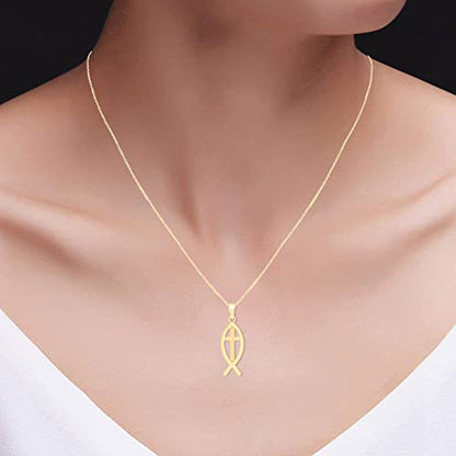 Christian Fish Cross Pendant Necklace for Women Religious Faith Jewelry - color: yellow-gold-plated-silver