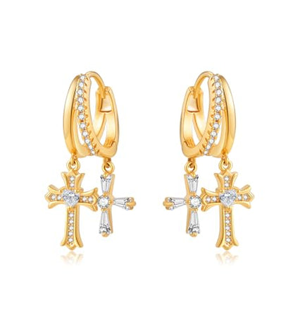 Double Huggie Hoop Earrings with Charms Cross Dangle Earrings Gold/Silver Double Cross Drop Hoop Earrings for Women Men Trendy - style: Style A-Gold
