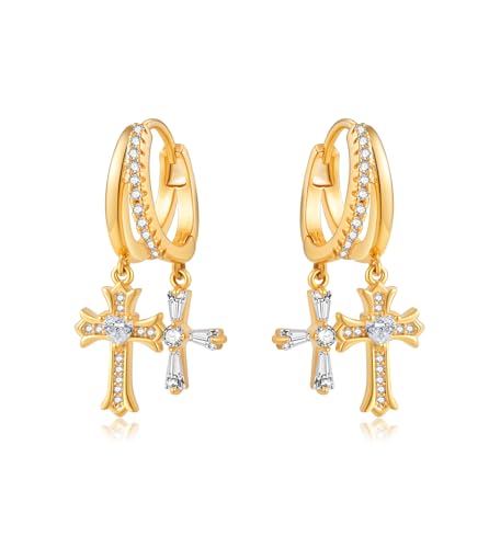 Double Huggie Hoop Earrings with Charms Cross Dangle Earrings Gold/Silver Double Cross Drop Hoop Earrings for Women Men Trendy - style: Style A-Gold