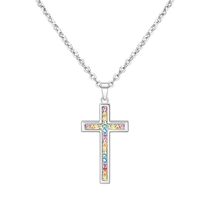 Baptism Cross Necklace for Women,First Communion Cross Necklaces Jewelry Gifts for Women - color: Girls Cross Rainbow