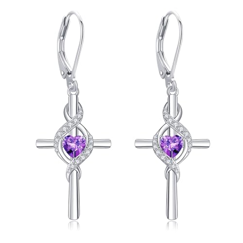 ONEFINITY Cross Earrings for Women 925 Sterling Silver Cross Birthstone Dangle Drop Earrings Infinity Cross Religious Jewelry Gifts for Women - color: 02-Feb-Created Amethyst