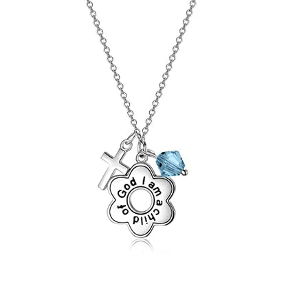 AOBOCO 925 Sterling Silver I Am a Child of God Daisy Necklace Jewelry Birthday Birthday Baptism Communion Gifts for Girls - color: Simulated Aquamarine