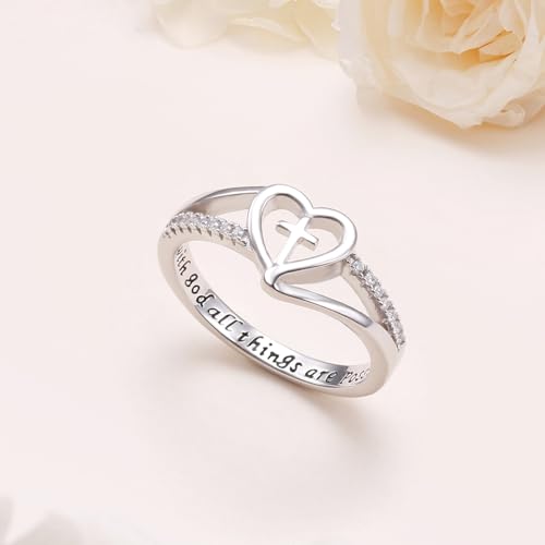 S925 Sterling Silver Christian Cross Heart Faith Bible Verse Ring for Women