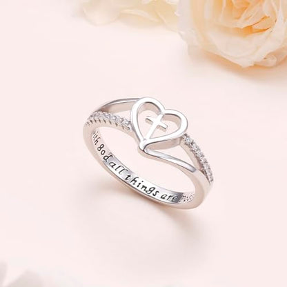 S925 Sterling Silver Christian Cross Heart Faith Bible Verse Ring for Women