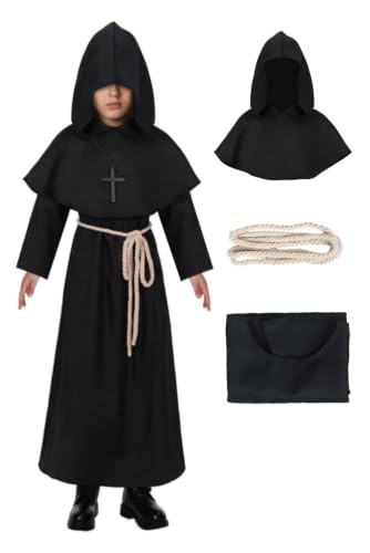 Kids Medieval Monk Robe Hooded Friar Cloak - color: Black, size: Large