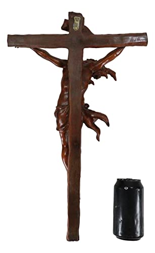 Ebros Large 19.75" High INRI Jesus Christ Crucified On The Cross Wall Hanging Crucifix Crosses Sculpture in Deep Brown Mahogany Faux Wood Like Finish Catholic Christian Home Decor Resin Plaque