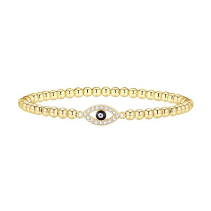 Gold Bracelets for Women 14K Gold Plated Bead Bracelet Hypoallergenic Stretch Bracelets for Women Elastic Bracelet Trendy Teen Gift Dainty Jewelry for Women - style: Evil Eye