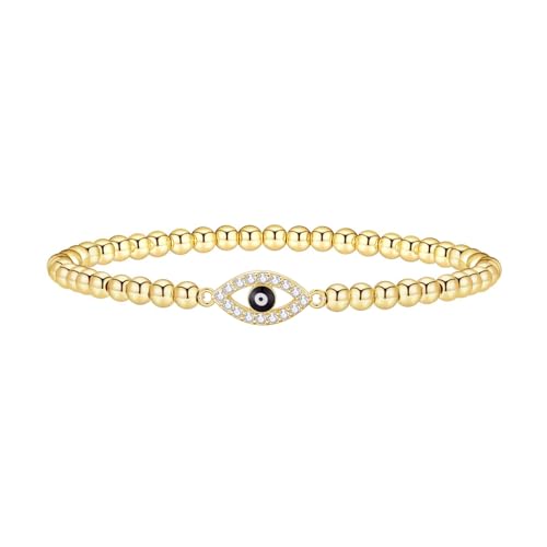 Gold Bracelets for Women 14K Gold Plated Bead Bracelet Hypoallergenic Stretch Bracelets for Women Elastic Bracelet Trendy Teen Gift Dainty Jewelry for Women - style: Evil Eye