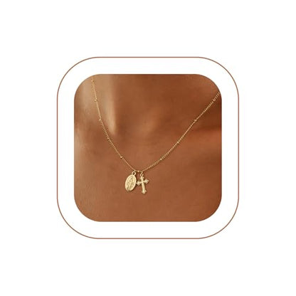 Rotnso Cross Necklace for Women 14K Gold Plated Dainty Small Pendant Choker - style: Virgin Mary Cross-GD