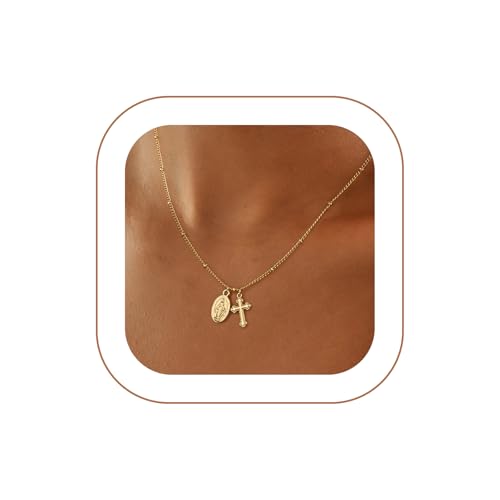 Rotnso Cross Necklace for Women 14K Gold Plated Dainty Small Pendant Choker - style: Virgin Mary Cross-GD