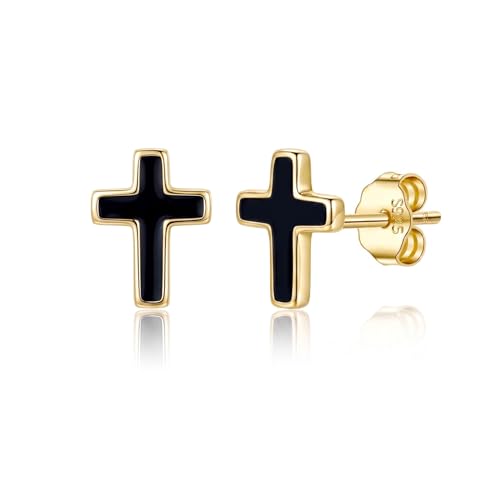Reffeer Solid 925 Sterling Silver Cross Stud Earrings for Women Teen Small Black Cross Earrings Studs - color: B-Yellow