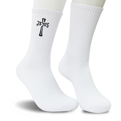 Christian Embroidered Crew Socks, Jesus Faith Religious Socks for Women and Men, Cross Scripture Novelty Gift Socks - color: Esus Cross Letter White