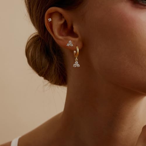 SHERLOVE Gold Earring Stacks Women 3Pairs Dangle Stud Huggie Hoop Set - color: 3 Pairs-Triple CZ 01 Stud Gold