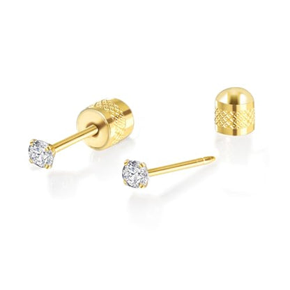 Titanium Earrings Push-in Threadless Flat Back Stud Earrings for Women Men, Cartilage Earring Hypoallergenic Cubic Zirconia Earrings Studs for Helix Tragus Piercing Jewelry - color: Gold-3mm
