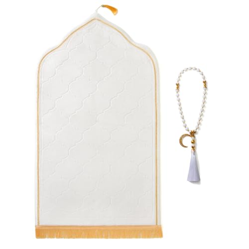 Prayer Rug Muslim Prayer Mat Islamic - Thick Prayer Rug Sajadah for Men Women with Islam Prayer Beads, Soft and Luxury (25.6" x 43.3", White) - color: White