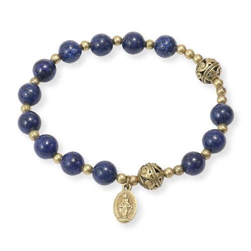 Nazareth Store Stone Beads Rosary Bracelet with Metal Separators and Catholic Medal - Durable and Elegant Wrist Jewelry - color: Lapis Lazuli