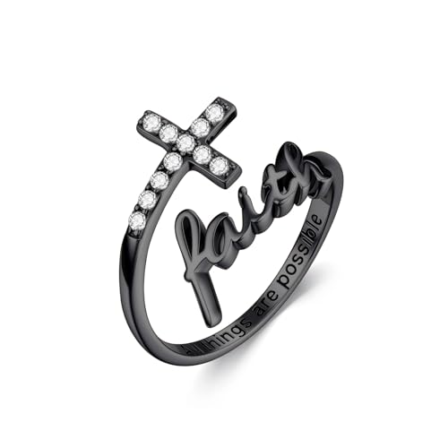 Cross Rings Faith Ring 925 Sterling Silver Adjustable Cross Wrap Ring Christian Fashion Band for Women - color: B-Black Gold