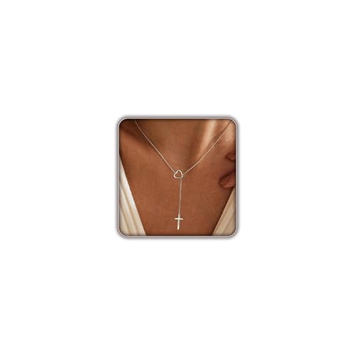 Cross Necklace for Women, Dainty 14K Gold Plated Cross Pendant Simple Long Necklaces for Women, Christian Faith Necklace Trendy Gold Jewelry Gifts for Easter - color: silver heart infinity cross necklace