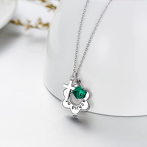 AOBOCO 925 Sterling Silver I Am a Child of God Daisy Necklace Jewelry Birthday Birthday Baptism Communion Gifts for Girls - color: Simulated Emerald