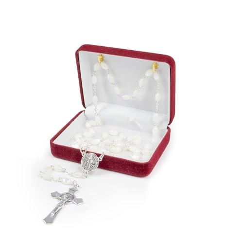 Catholic Rosary For Men & Women - 22.5" Rosary Necklace From The Holy Land Of Jerusalem - Catholic Rosary With Olive Wood & Mother of Pearl Rosary Beads & Crucifix Dangle - color: Saint Benedict