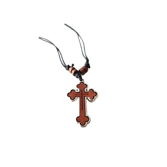 Iconsgr Greek Wood-Metal Cross Pendant Necklace Two-Sided From Mt. Athos / 52