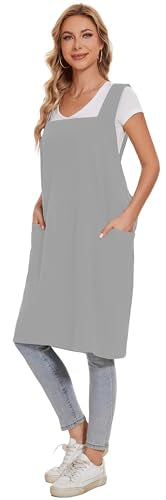 Linen Cotton Aprons for Women Smock Cross-Back Apron with Pockets - color: 07-light Grey, size: Small