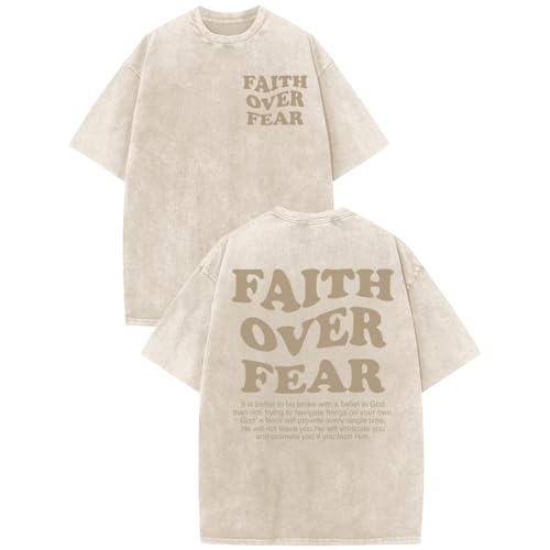 Christian Shirts for Men Faith Over Fear Oversized Tees - color: Apricot, size: X-Large