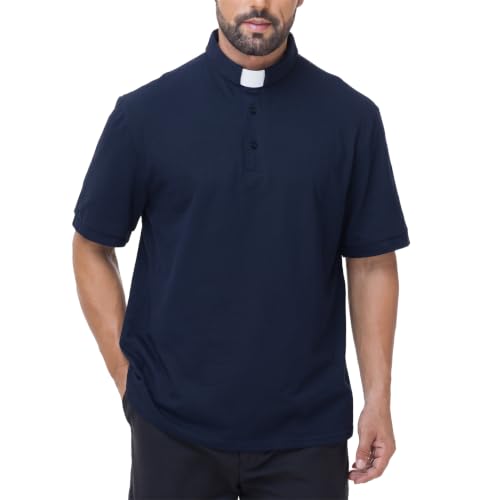 Men's Short Sleeve Clergy Polo Shirt Tab Collar Cotton Blend - color: Navy Blue, size: X-Large