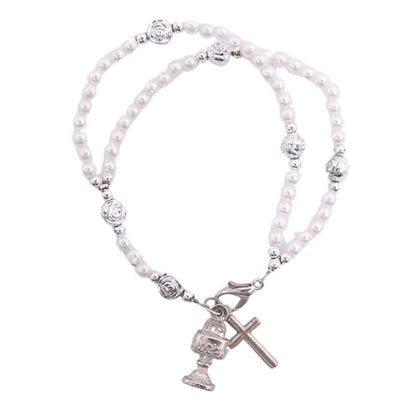 Wowser First Communion Double Strand Imitation Pearl Rosary Bracelet with Prayer Card, Set of 3, Sacramental Accessory, Religious Gift