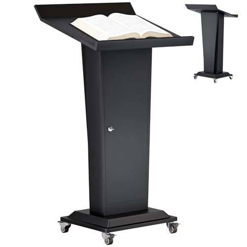 Ultral 45.3IN Podium Lectern with Wheels, Iron Pulpit for Churches Stand with Lockable Double-Layer Storage, Modern Metal Pulpits Lectern for Classroom, Conference, Presentation,Wedding - color: Black, size: 45IN-Wheels