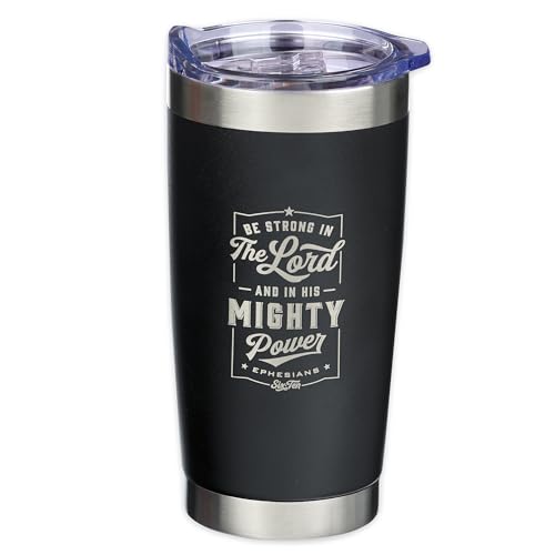 Christian Art Gifts Stainless Steel Double-Wall Vacuum Insulated Travel Mug 18 oz Matte Black Tumbler with Lid for Men Inspirational Bible Verse - Strong in the Lord - Eph. 6:10 - color: Black/Be Strong