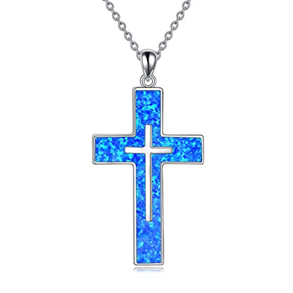 YFN Cross Necklace Sterling Silver Religious Cross Pendant Jewelry Christian Gifts for Women Men - style: A. Blue Opal