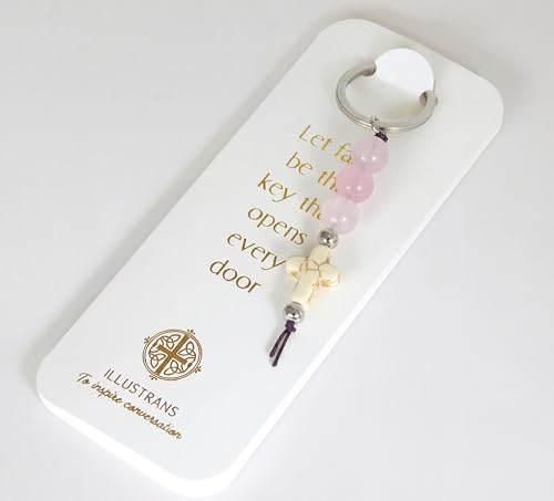 Christian Cross Keychain - Natural Stone Beaded Faith Gift for Baptism, Confirmation or Christmas - color: Rose Pink