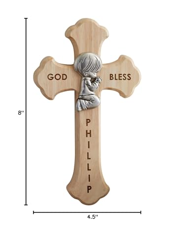 Personalization Universe Prayerful Boy Engraved Wood Cross, Baptism & First Communion Keepsake Wall Decor, Christian Wall Art, Home Decor Wall Cross - 8" x 4.5" Oak Wood & Zinc Alloy