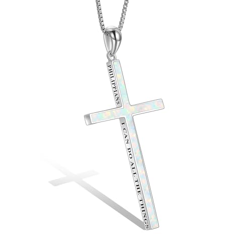 POPLYKE Cross Necklace 925 Sterling Silver Philippians 4:13 I Can Do All The Things Inspirational Necklace Gifts for Women Men 20+2'' - color: White Opal