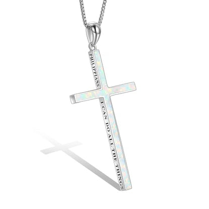 POPLYKE Cross Necklace 925 Sterling Silver Philippians 4:13 I Can Do All The Things Inspirational Necklace Gifts for Women Men 20+2'' - color: White Opal