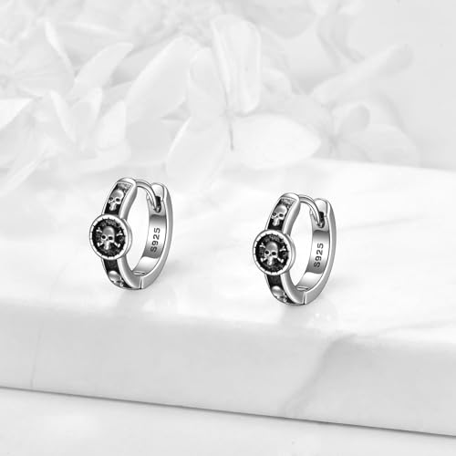 AOBOCO Black Hoops Earrings for Men Sterling Silver Viking Celtic Cross Heart Skull Round Triangle Hoop Earrings Birthday Father Day Christmas Jewelry Gifts for Men Women Friends - style: Skull Hoops
