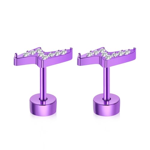 XUU 20G Flat Back Stud Earrings ASTM F136 Titanium & Sparkling CZ - color: purple lightning bolt