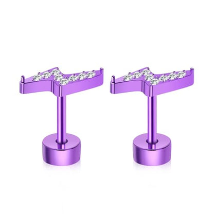 XUU 20G Flat Back Stud Earrings ASTM F136 Titanium & Sparkling CZ - color: purple lightning bolt