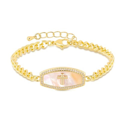LETFLY Natural Shell Bracelets for Women, 14K Gold Plated Butterfly/Lips/Cross/Heart Charm Adjustable Cubic Zirconia Cuban Link Chain, Dainty Trendy Handmade Jewelry Gifts - style: Style C