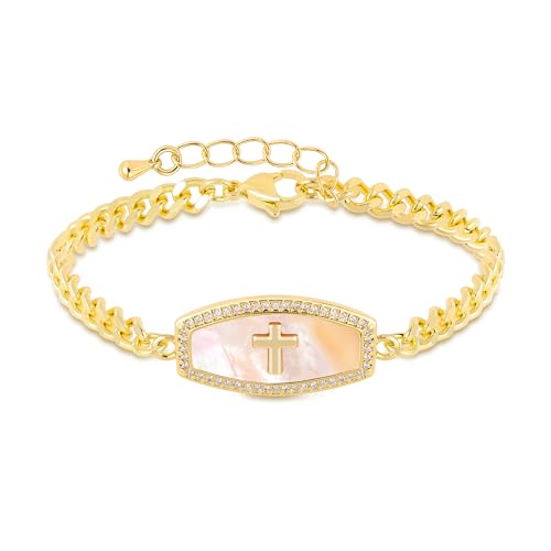 LETFLY Natural Shell Bracelets for Women, 14K Gold Plated Butterfly/Lips/Cross/Heart Charm Adjustable Cubic Zirconia Cuban Link Chain, Dainty Trendy Handmade Jewelry Gifts - style: Style C